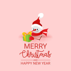 Fototapeta na wymiar Celebration card for Merry Christmas. Vector illustration. Holiday concept in flat style. Christmas Snowman with gift box. Happy New Year banner. - Vector