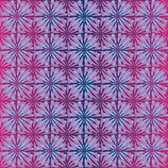 A seamless vector pattern with pink and blue geometric stars ona gradient violet background. Surface print design.