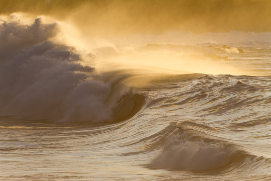 sunset scene of a crashing wave in hawaii