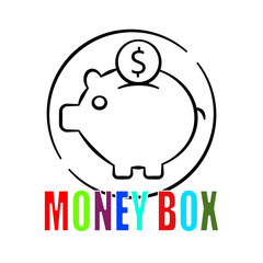 Piggy bank icon. With text: Money box. Saving money concept. Isolated on white background. 
