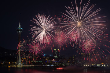 Naklejka premium Macau, China 7th September 2019. 30th Macao International Fireworks Display Contest, Philippines Team - Platinum Fireworks, Inc.