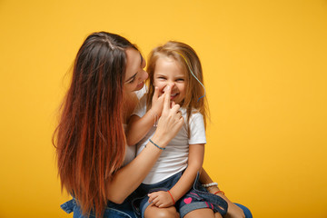 Woman in light clothes have fun with cute child baby girl 4-5 years old. Mommy little kid daughter...
