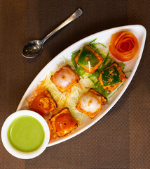 Indian Starter Dish Paneer Tikka Kabab or Paneer Cubes Made From Chunks of Cottage Cheese Marinated in Spices & Grilled in a Tandoor Served With Green Chutney