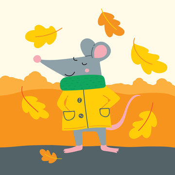 Vector illustration of cute rat in yellow raincoat with oak leaves.