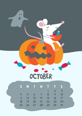 October. Vector calendar page with cute rat celebrate Halloween