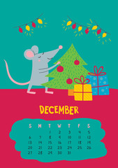 December. Vector calendar page with cute Christmas rat