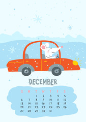 December. Vector calendar page with cute rat driving car