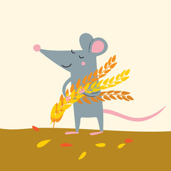 Vector illustration of cute rat with wheat grains harvest.