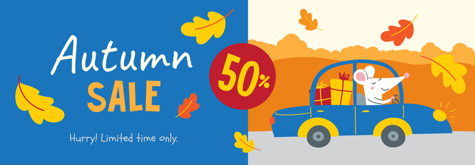 Vector sale banner decorated with autumn oak leaves with cute rat