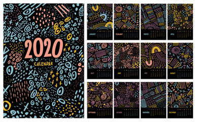 Vector colorful monthly calendar for 2020 year with abstract marker doodle.