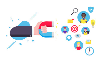 Customer retention concept with hand holding magent, social media elements attract to magnet flat style design vector illustration isolated on white background. Social customer support loyal service