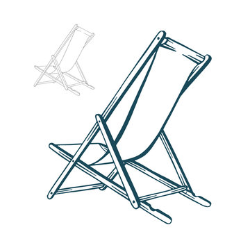 Beach Chair Hand Drawn Vector Illustration. Deck Chair Back View Sketch Drawing. Part Of Set.