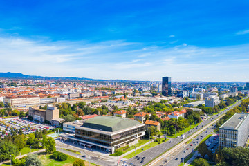 Obraz premium Croatia, city of Zagreb, panoramic view of business center Vukovarska street and concert hall, urban skyline from drone
