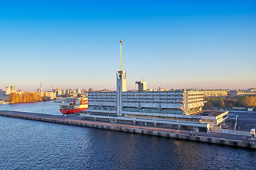 Fototapeta premium View of the building of the sea station of St. Petersburg from the Gulf of Finland, early morning