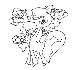 Coloring book for kids - unicorn walks near a bush of viburnum. Black and white cute cartoon unicorns. Vector illustration.	