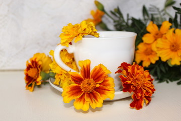 Delicious tea in a white Cup on a saucer.