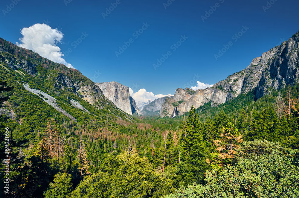 Sticker yosemite national park valley summer landscape from tunnel view. california, usa.