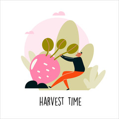 Vector illustration of man pulling a big beet root. Harvest time.