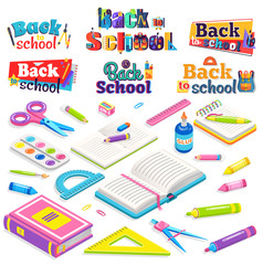 School vector, isolated book and textbook, notebook and pencil. Glue and ruler, scissors and palette with paint crayons. Discipline education. Back to school concept. Flat cartoon isometric 3d