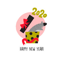 Funny vector illustration of rat jumping from gift box . 2020 year symbol. Quote Happy New Year