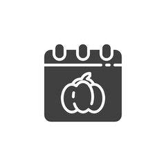Halloween calendar page vector icon. filled flat sign for mobile concept and web design. Calendar with Halloween pumpkin glyph icon. Symbol, logo illustration. Vector graphics