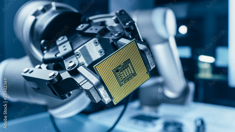 Poster Modern High Tech Authentic Robot Arm Holding Contemporary Super Computer Processor. Industrial Robotic Manipulator End Effector Holding CPU Chip