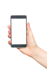 Woman holding black modern smart phone with isolated screen for app or web site presentation