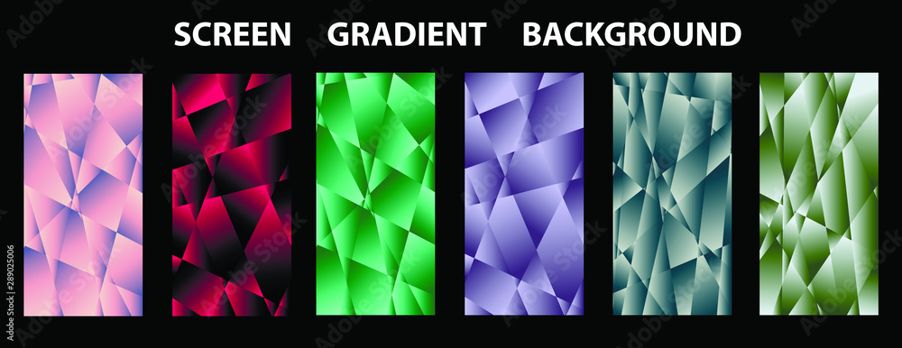 Poster set of colorful low poly vector pattern gradient set. modern smartphone screen, mobile app template.