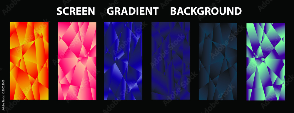 Poster set of colorful low poly vector pattern gradient set. modern smartphone screen, mobile app template.