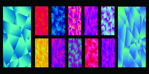 Set of colorful low poly Vector pattern Gradient Set. Modern Smartphone screen, mobile app Template. Design for Wallpaper, background, banner, flyer, Social media post. 