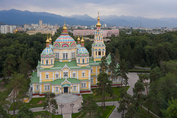 Drone footage of the Ascension Cathedral in Almaty, Kazakhstan, a Russian Orthodox church.