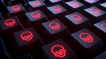 Closeup keyboard with skulls. Infected computer. - obrazy, fototapety, plakaty