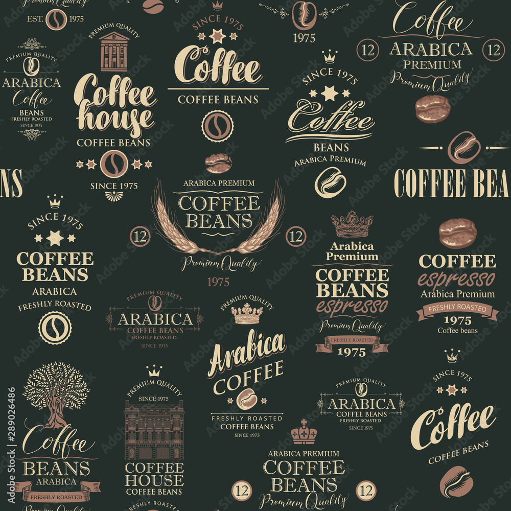 Poster vector seamless pattern on coffee and coffee house theme with various labels in retro style on the b