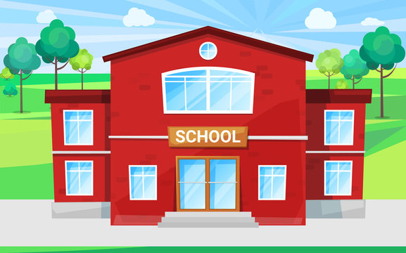 Big school with green territory schoolyard for outdoor lessons and playing games. Red building for primary and secondary education, study for children vector. Back to school concept. Flat cartoon