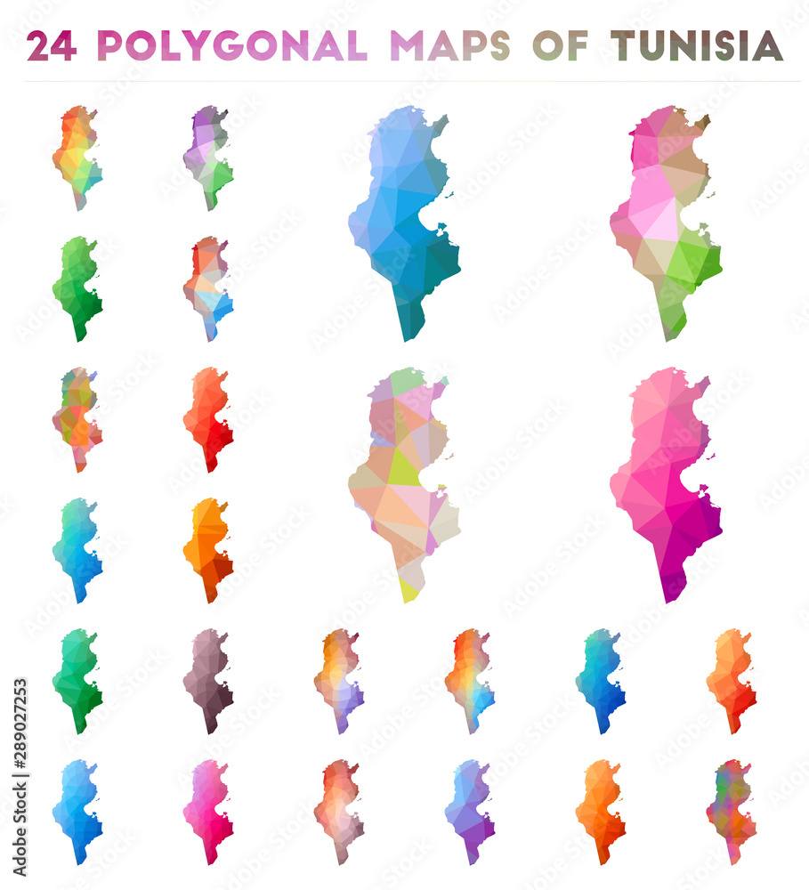 Poster set of vector polygonal maps of tunisia. bright gradient map of country in low poly style. multicolo