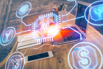 Obraz premium Technology theme drawing and table with computer. Double exposure. Concept of information.