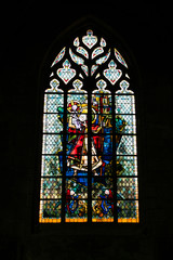 A detailed view of stained glass windows in the church of Saint Germain in Rennes in France