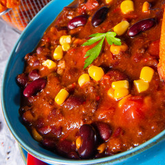 chili con carne with sweet potato and spicy nachos