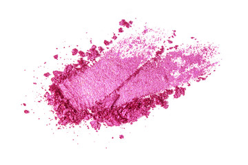 A broken pink eye shadow smear make up palette isolated on a white background. Top view, flat lay....