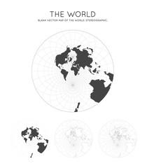Map of The World. Stereographic. Globe with latitude and longitude lines. World map on meridians and parallels background. Vector illustration.