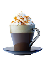 Cappuccino coffee, with whipped cream and ground cinnamon in a glass mug, on a saucer. Isolate on a white background. The photo.