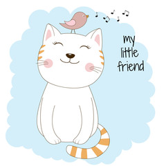 Cute cartoon cat and bird. My little friend.