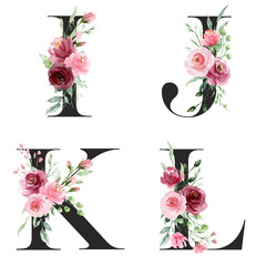Floral alphabet, letters with watercolor pink flowers and leaf. Monogram initials perfectly for wedding invitations, greeting card, logo, poster and other. Holiday design hand painting. - obrazy, fototapety, plakaty