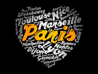 List of cities and towns in France composed in love sign heart shape, word cloud collage
