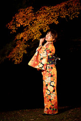 ライトアップされた紅葉と着物の女性