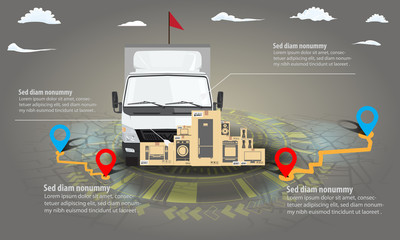 Cargo delivery truck infographic with stack of cardboard boxes. Navigation map and hud chart background. Vector illustration