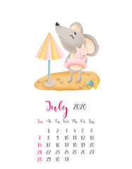Obraz premium Calendar for July 2020 with a cute mouse in cartoon style. Isolated on a white background. Symbol of the year in the Chinese calendar.