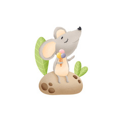 cute little mouse is sitting on a stone and eating ice cream. Cute illustration. Cute rat. Isolated on white background