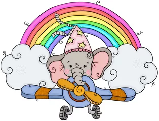 Meubelstickers Olifant in een vliegtuig Kleine olifant die op vliegtuig vliegt met regenboog en wolken