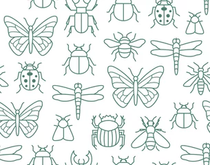 Foto op Plexiglas Insects seamless pattern with flat line icons. Background - butterfly, bug, dung beetle, scarab, bee, ladybug vector illustrations. Outline signs of field insect © nadiinko